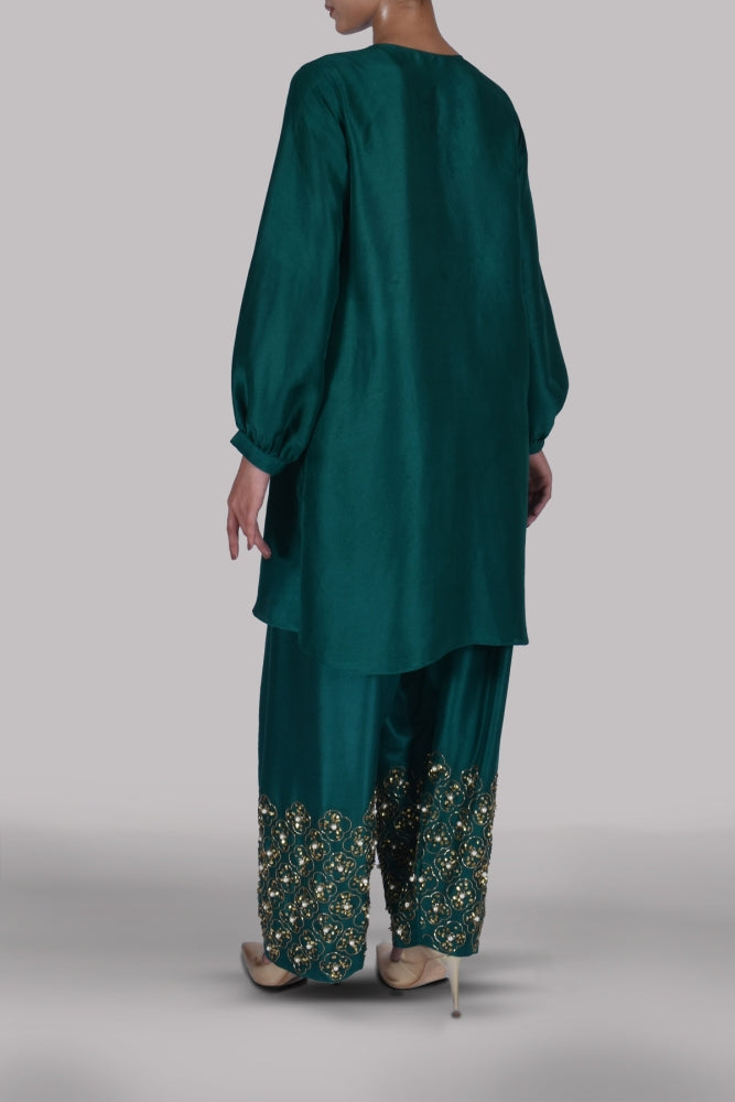 GALAPAGOS GREEN EMBELLISHED RAW SILK SET