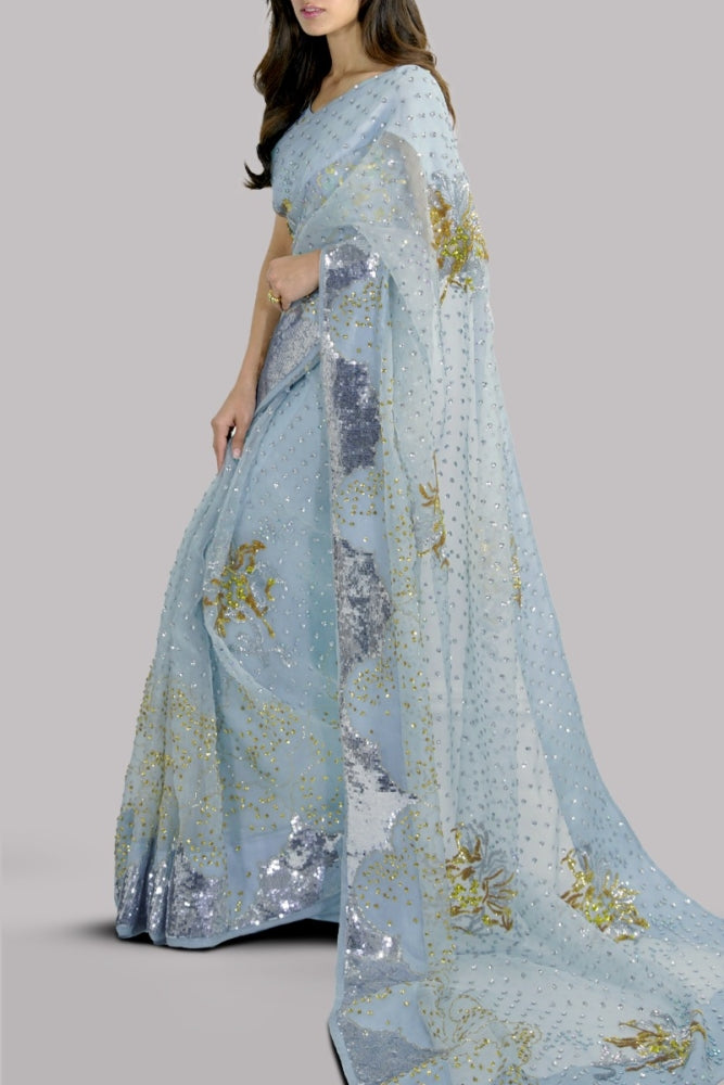 AQUAMARINE EMBELLISHED ORGANZA SARI