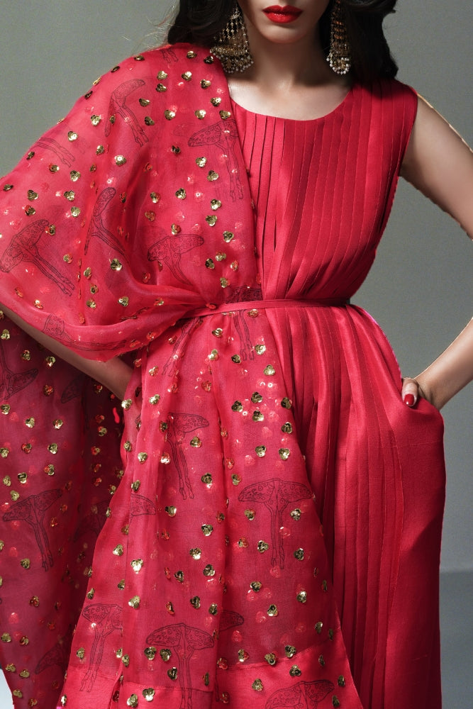 TANGO RED PLEATED RAW SILK MAXI WITH EMBELLISHED DUPATTA