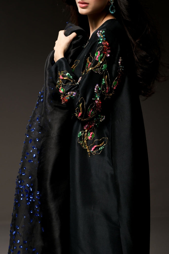 BLACK CRYSTAL AND SEQUIN EMBELLISHED SILK MAXI DRESS