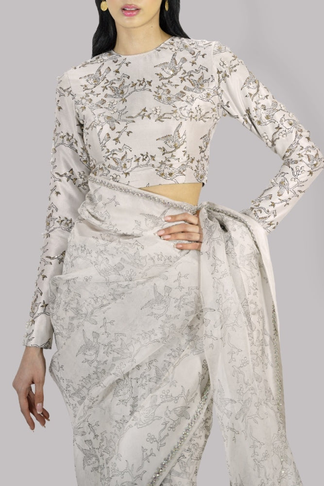 WHITE SWAN BLOCK PRINTED AND EMBELLISHED ORGANZA SARI