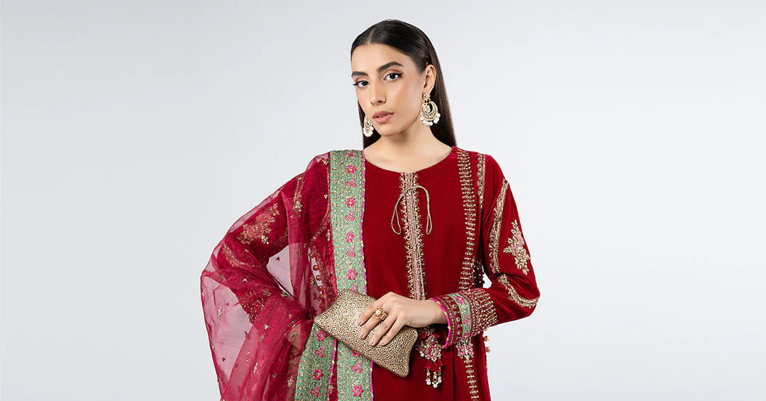 3 Piece Embroidered Velvet Suit | SF-W24-34