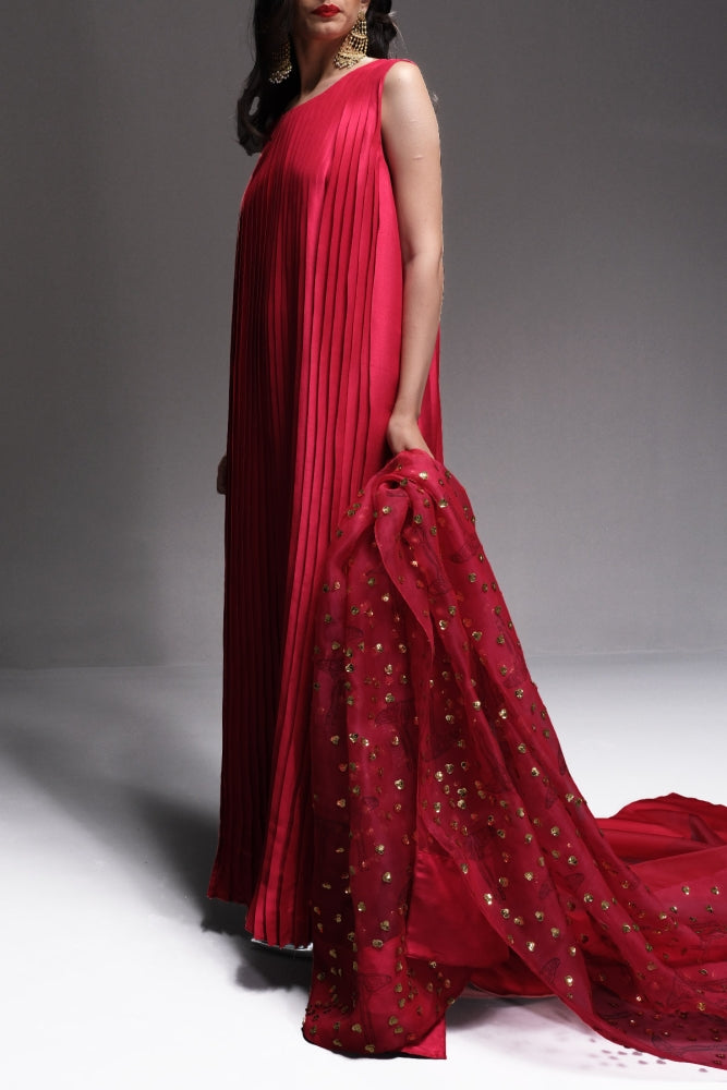 TANGO RED PLEATED RAW SILK MAXI WITH EMBELLISHED DUPATTA