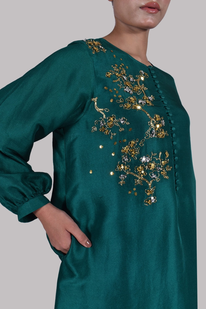 GALAPAGOS GREEN EMBELLISHED RAW SILK SET