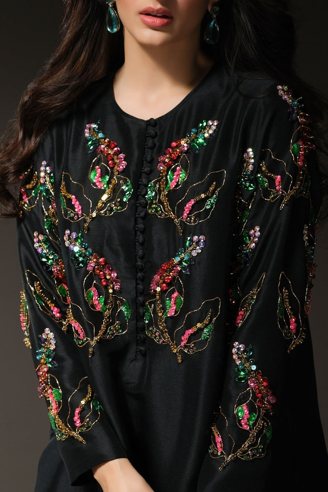 BLACK CRYSTAL AND SEQUIN EMBELLISHED SILK MAXI DRESS