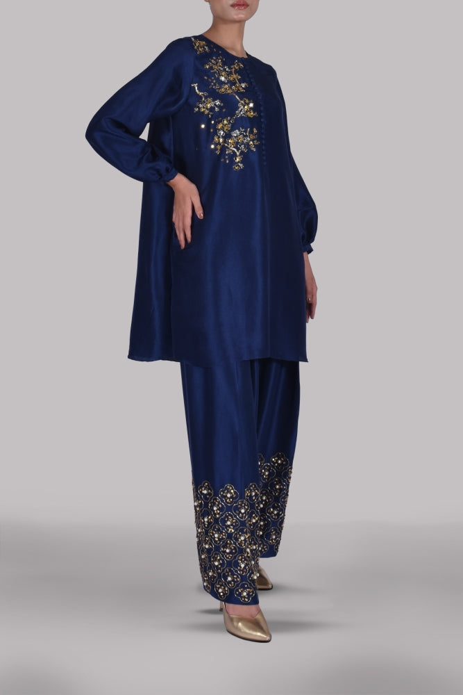 BLACK IRIS EMBELLISHED RAW SILK SET