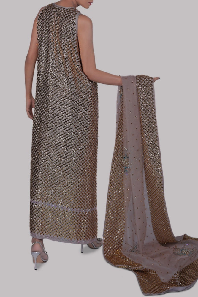 SILVER GREY EMBELLISHED RAW SILK MAXI SET