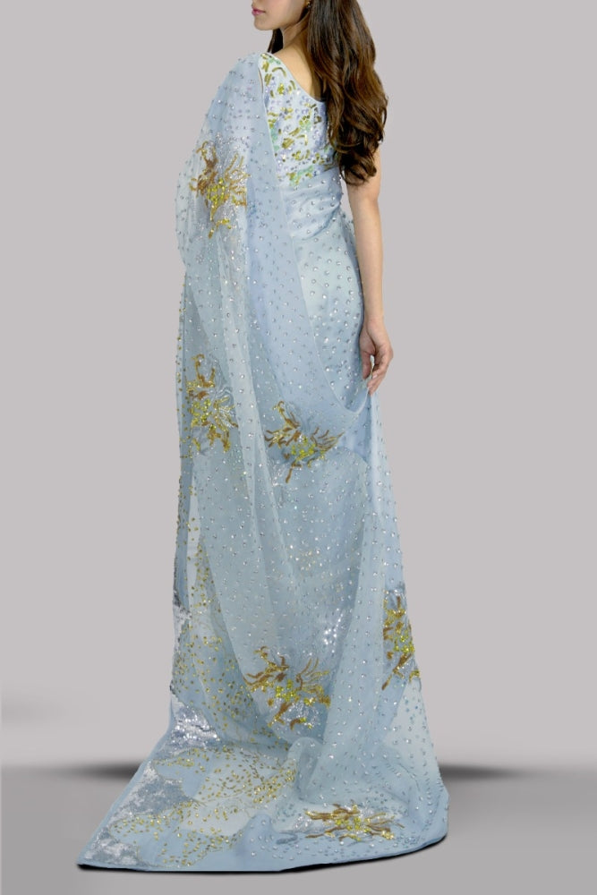 AQUAMARINE EMBELLISHED ORGANZA SARI