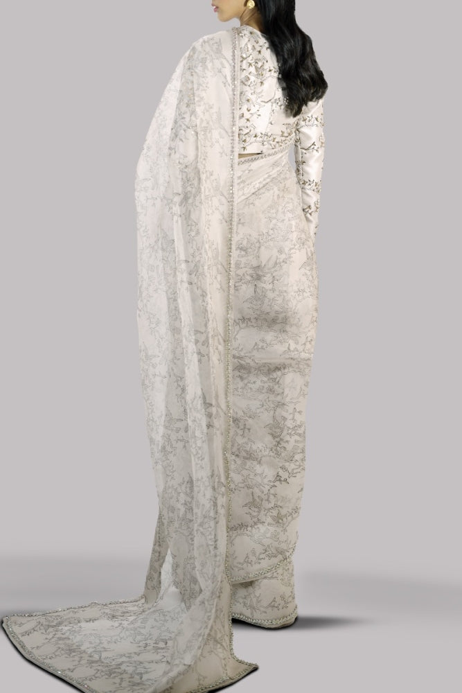 WHITE SWAN BLOCK PRINTED AND EMBELLISHED ORGANZA SARI