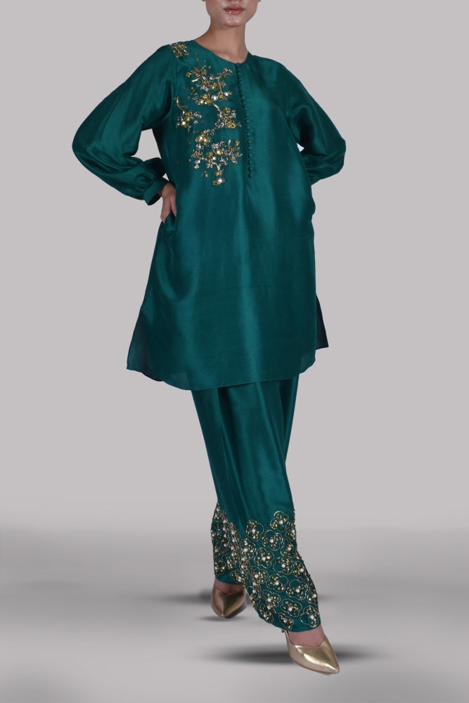 GALAPAGOS GREEN EMBELLISHED RAW SILK SET